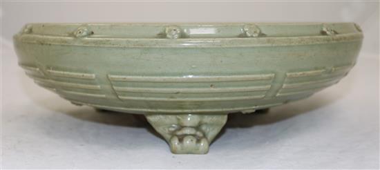 A large Chinese Longquan celadon eight trigrams tripod censer, Ming dynasty (1368-1644), diameter 32cm